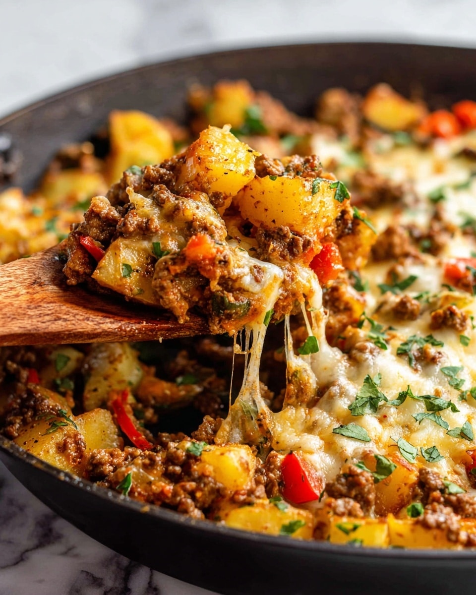 This close-up image shows a cooked dish in a black pan with a wooden spoon lifting a portion. The dish has several layers: at the bottom, browned ground meat with a crumbly texture, mixed with soft yellow potato chunks, and small pieces of red bell pepper. Melted melted cheese strings stretch between the lifted portion and the pan. The top is sprinkled with fresh green chopped herbs. The whole scene is set on a white marbled texture. Photo taken with an iphone --ar 4:5 --v 7