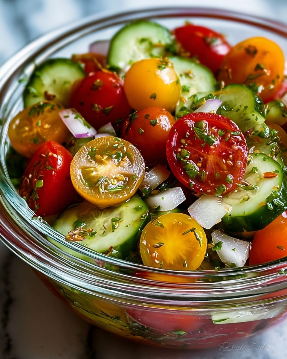 A close-up view of a clear glass bowl filled with a fresh vegetable salad. The salad has two thick layers: the first layer shows bright red and yellow cherry tomatoes, some whole and others sliced in half, mixed with clear cucumber slices showing their seeds and light green skin. The second layer contains chopped white onion pieces and green herbs scattered throughout, all coated in a glistening dressing that gives a shiny, wet look. The bowl sits on a white marbled surface, and the colors of the vegetables stand out vividly against the background. photo taken with an iphone --ar 4:5 --v 7