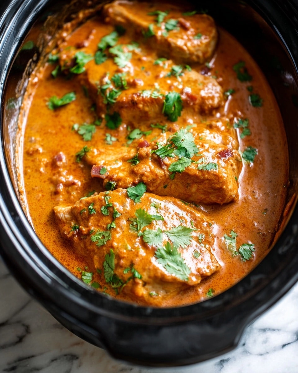 The image shows a close-up of three cooked chicken pieces in a creamy orange sauce inside a black slow cooker. The sauce looks thick and smooth, coating each chicken piece fully. Small bits of what appears to be bacon or spices are mixed into the sauce, adding texture. The chicken is sprinkled with fresh green cilantro leaves on top. The slow cooker is placed on a white marbled surface. photo taken with an iphone --ar 4:5 --v 7
