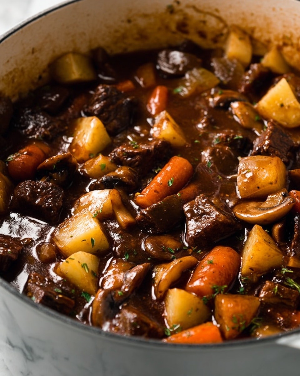 The image shows a close-up of a stew in a white pot, filled with dark brown chunks of meat and a mix of vegetables like orange carrots, light yellow potatoes, white onions, and brown mushrooms, all cooked in a rich, glossy dark brown sauce. The stew looks thick with tender pieces and a shiny surface, with the vegetables cut in medium cubes spread evenly throughout the pot, giving a hearty and warm feeling. The background has a white marbled texture. photo taken with an iphone --ar 4:5 --v 7
