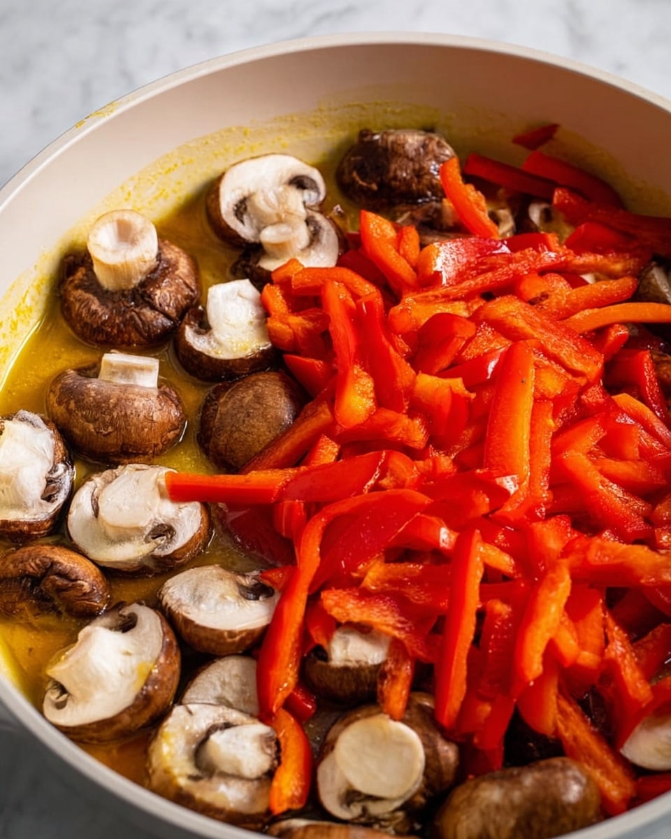 The image shows a pan filled with two main layers of fresh vegetables cooking in a light yellow oil. The bottom layer consists of large brown mushroom pieces with visible white insides, arranged unevenly but covering most of the pan surface. On top, there is a thick layer of bright red, thin, rectangular strips of bell pepper, piled mostly in the center. The pan is white, and the background features a white marbled surface. Photo taken with an iphone --ar 4:5 --v 7
