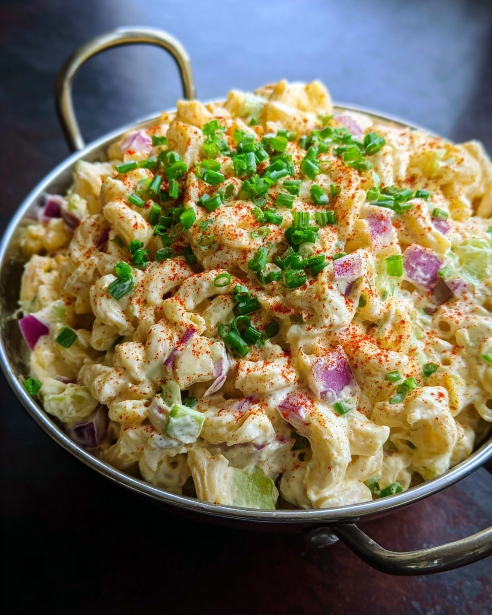 A round metal bowl with handles holds a creamy macaroni salad layered with pale yellow cooked macaroni pasta, mixed with small pieces of red onion, light green celery, and white egg chunks. The top is sprinkled with bright green chopped chives and a dusting of red paprika, adding a pop of color to the mostly light-colored salad. The bowl sits on a dark surface with a blurred background. photo taken with an iphone --ar 4:5 --v 7
