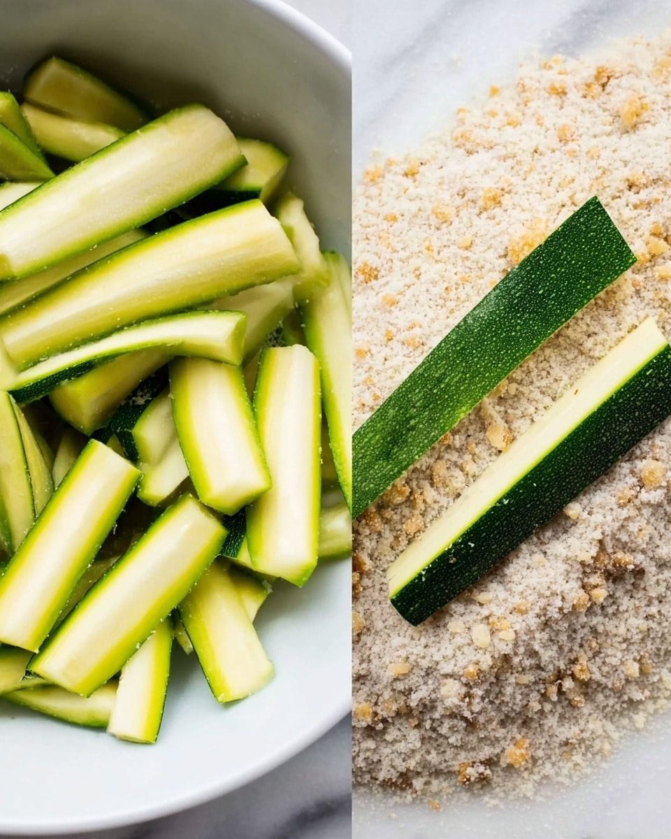 The image shows two parts side by side on a white marbled surface. On the left, there is a close-up view of bright green zucchini sticks with pale yellow inside, arranged randomly in a white bowl with a smooth texture. On the right side, a single zucchini stick is placed diagonally on a layer of finely chopped nuts and crumbs that are light brown and beige in color, spread evenly on a white surface. The textures of the crumbs look rough and grainy, contrasting with the smooth zucchini. photo taken with an iphone --ar 4:5 --v 7
