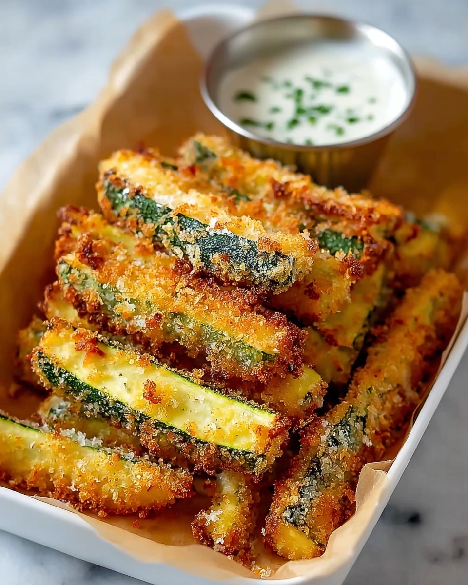 The image shows a pile of golden-brown crispy zucchini fries arranged in a white tray lined with light brown paper. Each fry has a green skin side and a crunchy, textured, golden breadcrumb coating on the other sides. The fries are stacked in multiple layers, leaning against each other, creating a sense of fullness. At the back of the tray, there is a small silver cup filled with a white, creamy dipping sauce containing small green herb bits. The background is a white marbled texture. photo taken with an iphone --ar 4:5 --v 7