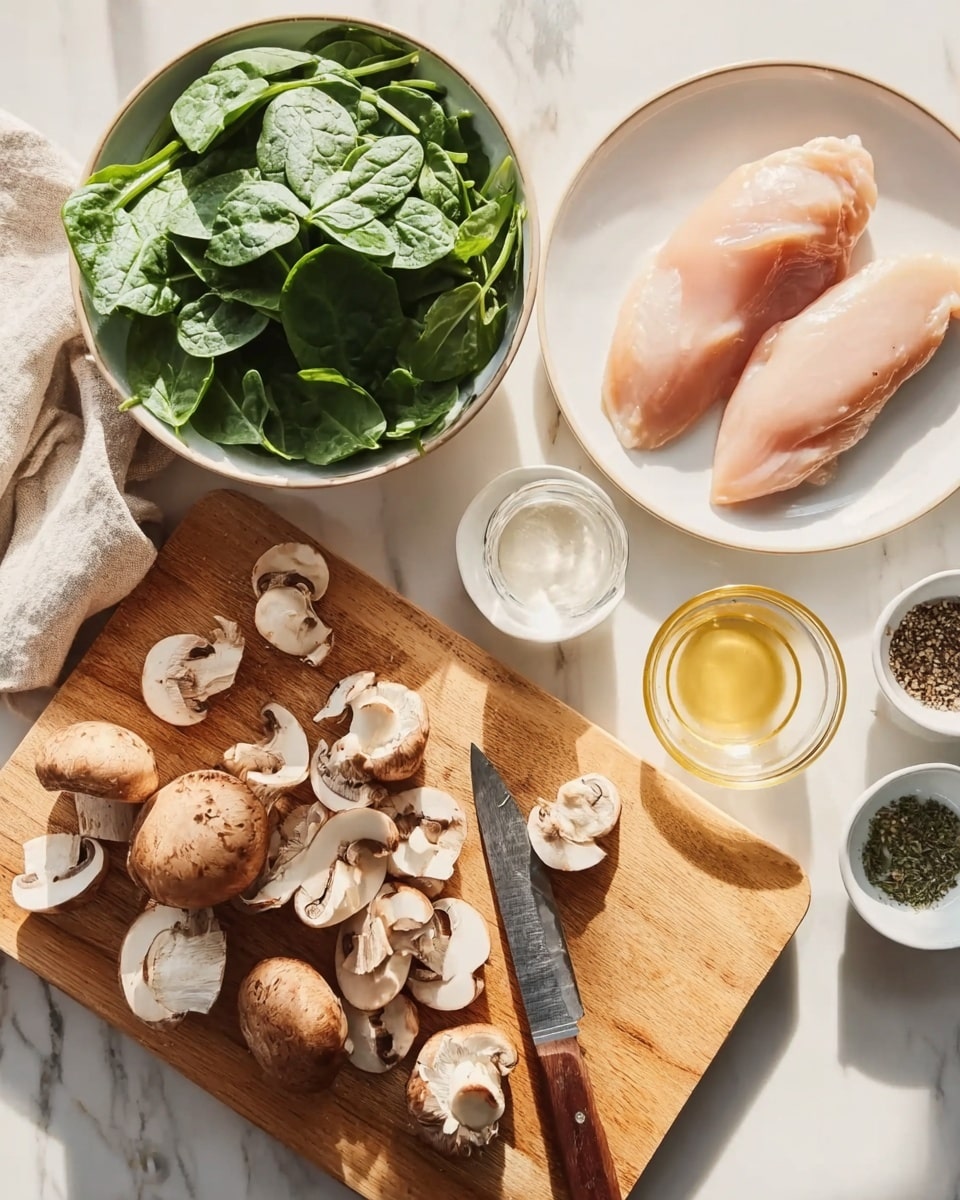 A white plate on the top right holds two raw light pink chicken pieces. To the left of the plate, a white bowl with green spinach leaves is placed. Below the bowl, a light wooden chopping board displays whole and sliced brown mushrooms, with a knife resting on its right side. Small white bowls filled with various ingredients – a clear liquid, a light yellow powder, some white sauce, and black pepper – are arranged on the white marbled surface around the chopping board and bowl. A woman's hand is not visible but implied near the cutting board. The whole setup is bright with natural light. photo taken with an iphone --ar 4:5 --v 7