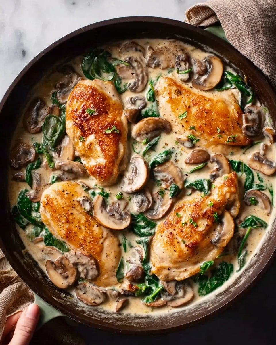 The image shows four golden-brown cooked chicken pieces in a black skillet filled with a creamy white sauce. Thin slices of light brown mushrooms and fresh green spinach leaves are scattered evenly throughout the creamy sauce, which has a smooth texture. The skillet is placed on a white marbled surface, and a woman's hand is holding the skillet handle gently from the side. The colors in the dish highlight the warm brown of the chicken, the soft beige of the mushrooms, and the fresh green of the spinach, all surrounded by the creamy sauce photo taken with an iphone --ar 4:5 --v 7