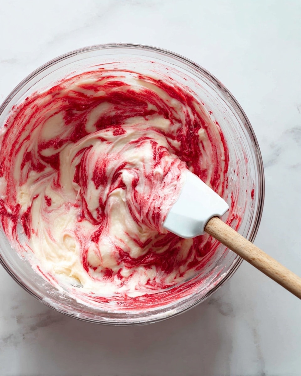 A clear glass bowl holds a creamy mixture with swirls of red and white colors blended together, creating a marbled effect inside. The mixture has a soft, smooth texture with streaks of bright red evenly spread throughout the pale cream base. A white spatula with a wooden handle is resting inside the bowl, partially coated with the mixture. The scene is set on a white marbled surface. photo taken with an iphone --ar 4:5 --v 7