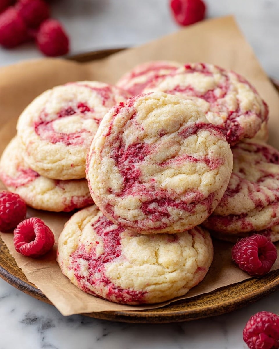 A plate lined with light brown parchment paper holds a stack of soft, round cookies with a marbled pattern of white and bright red swirls on their surface. The cookies are thick and have a slightly textured look, showing the mix of creamy dough and red raspberry streaks, mostly on the tops. The plate is set on a white marbled surface, with a few fresh raspberries scattered around it. Photo taken with an iphone --ar 4:5 --v 7