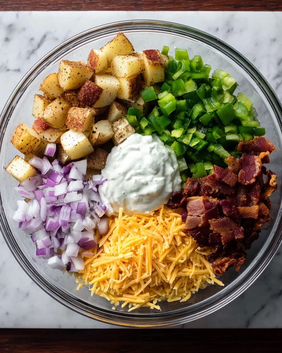 The image shows a clear glass bowl filled with six distinct layers of ingredients, arranged separately in sections. Starting from the top left and moving clockwise, there are light brown roasted potato cubes with some seasoning, bright green chopped bell peppers, finely chopped pale purple onions, crispy dark brown bacon pieces, a large pile of fine yellow shredded cheese at the bottom, and a dollop of creamy white sauce in the center slightly overlapping some ingredients. The bowl sits on a white marbled surface. photo taken with an iphone --ar 4:5 --v 7