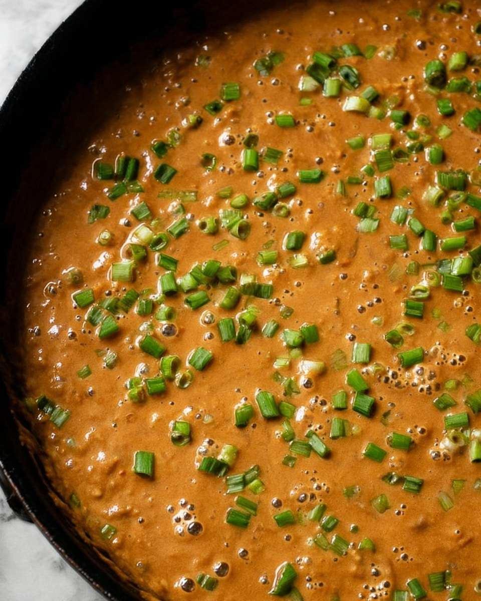 The image shows a close-up of a thick, bubbling orange-brown sauce with a creamy texture, spread evenly in a black pan. The sauce is topped with chopped green onions scattered uniformly across the surface, adding a fresh green contrast to the warm color of the sauce. Small bubbles rise through the sauce, showing it is hot and cooking. The pan edges are slightly visible, showing the round shape. The background is a white marbled texture. photo taken with an iphone --ar 4:5 --v 7