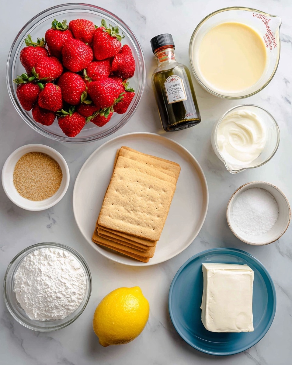 The image shows several ingredients arranged neatly on a white marbled surface. On the left is a clear glass bowl filled with bright red strawberries. To the right of it is a white plate stacked with rectangular golden brown graham crackers. Below the strawberries is a small white bowl filled with light brown granulated sugar. Next to it is a dark green bottle of vanilla extract. Above that, a glass measuring cup contains pale yellow sweet condensed milk. To the right is a glass measuring cup filled with white heavy cream. A bright yellow lemon is placed diagonally below these cups. At the bottom right, a white block of full fat cream cheese is on a blue plate. Two small white bowls contain white cornstarch and salt, and near the bottom left is a glass of clear water. Photo taken with an iphone --ar 4:5 --v 7