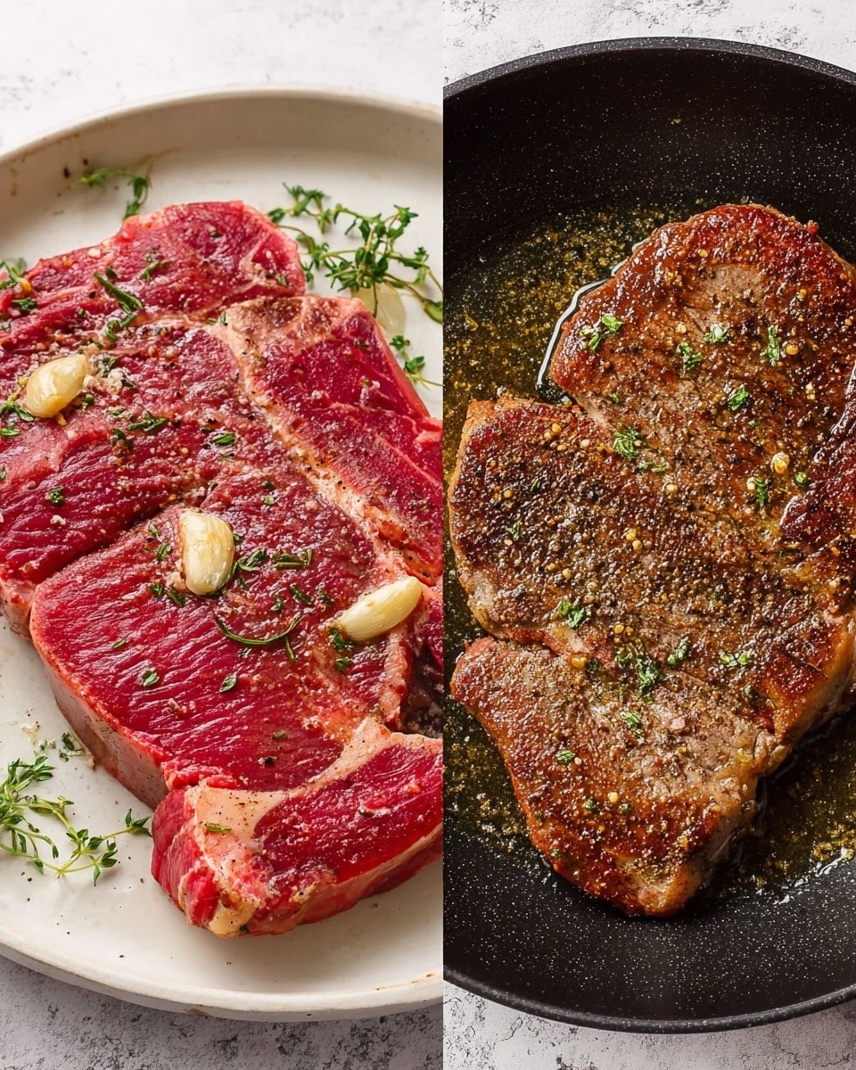 The image shows two close-up views of a raw and cooked steak. On the left, the raw steak lies flat on a white plate with a white marbled surface underneath, covered with small green herb sprigs, coarse salt, black pepper, and visible pieces of garlic, giving it a fresh and seasoned look. The steak is deep red with pale fat streaks running through it. On the right, the cooked steak is in a black frying pan on the same white marbled surface; the meat is browned with a rough, crispy texture, darker edges, and some visible seasoning bits on top. Photo taken with an iphone --ar 4:5 --v 7