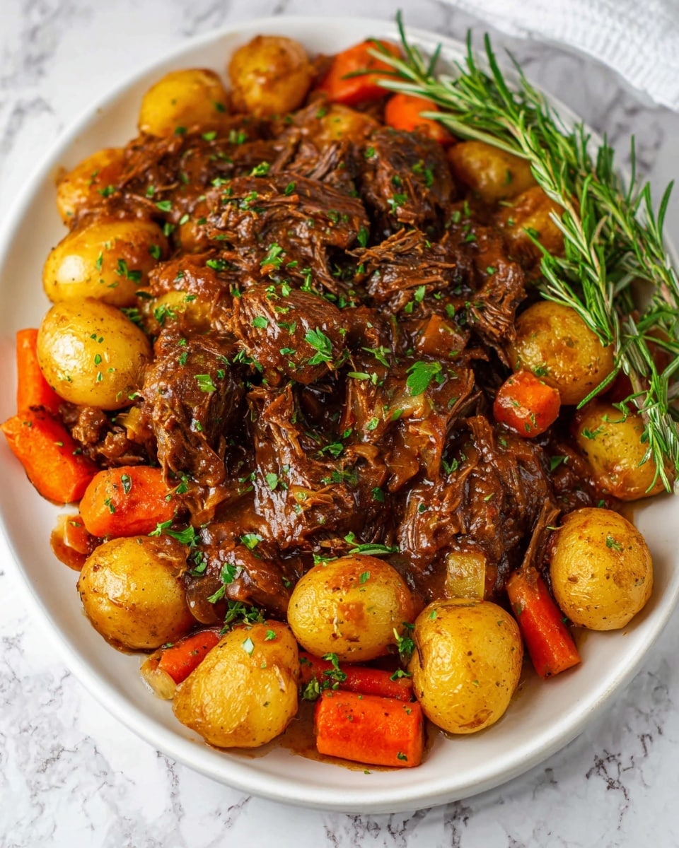 A large white plate holds a hearty dish with layers that start with a base of whole golden-brown baby potatoes and thick slices of bright orange carrots arranged around the edges. On top of this, tender brown beef chunks covered in a rich dark brown sauce form the next layer. Small pieces of cooked onion and celery are mixed around the beef, adding texture. The beef is garnished with finely chopped green herbs sprinkled over the top, and fresh rosemary sprigs peek out from the side. The white plate rests on a white marbled surface. photo taken with an iphone --ar 4:5 --v 7