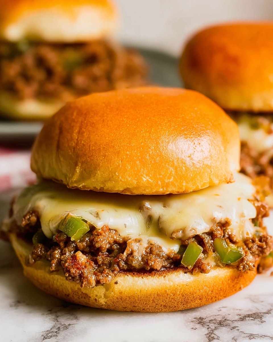 The image shows a close-up of a sandwich with three visible layers: a shiny golden-brown bun on top, a thick layer of melted pale yellow cheese with small bits of vegetables, and a cooked ground meat mixture with green bell peppers and onions at the bottom, sitting on a white marbled surface. The textures show the soft bun, smooth melted cheese, and chunky meat and vegetable mix below. In the background, there is a blurred view of another similar sandwich. photo taken with an iphone --ar 4:5 --v 7