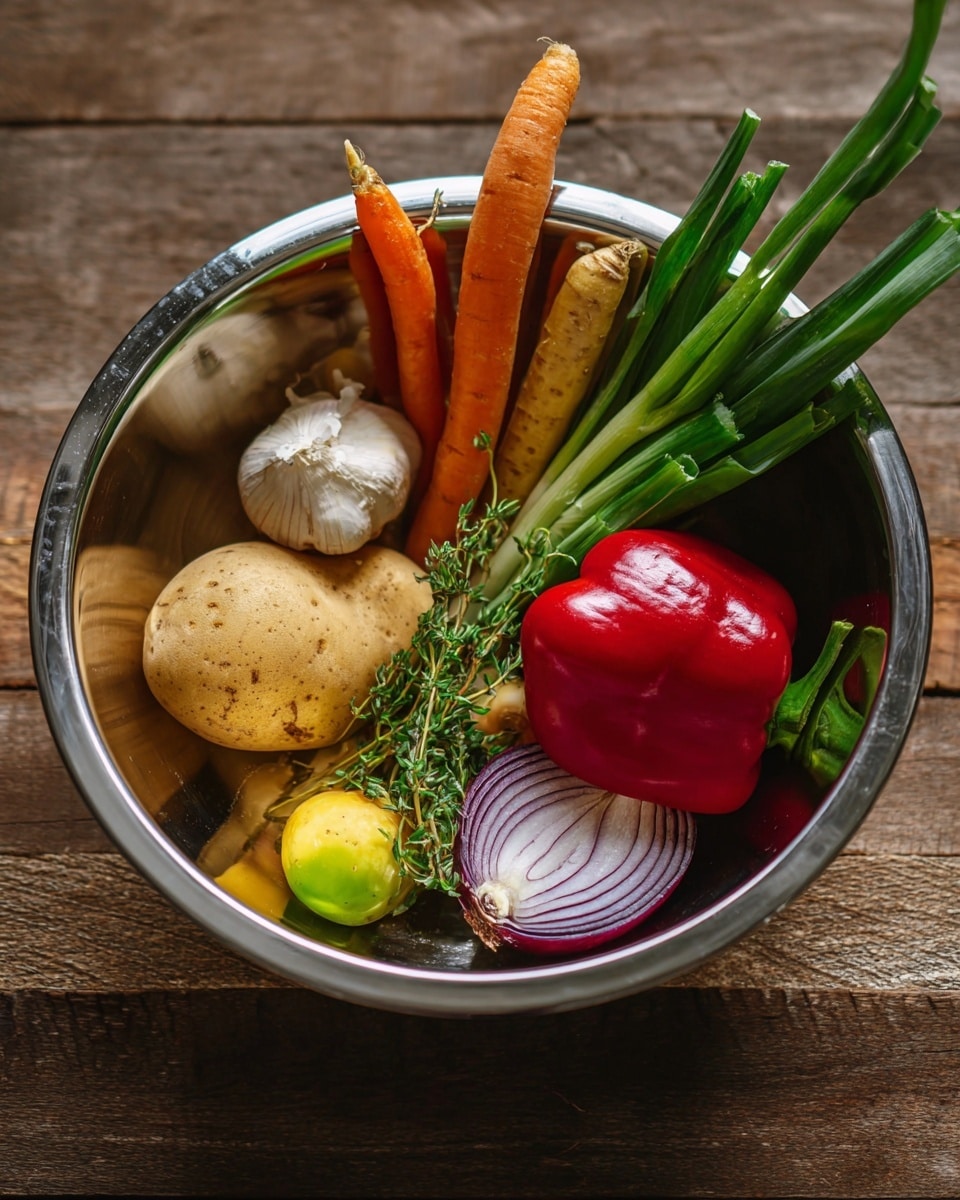 A shiny metal bowl sits on a wooden surface, filled with fresh raw vegetables and herbs. At the bottom, two light brown potatoes with small eyes rest beside a small white garlic bulb. Bright orange carrots stretch upwards next to long green onions with vibrant green tops. A whole red bell pepper is placed on the right, partially covering a sliced round of purple onion showing its layers. Small sprigs of green thyme are scattered nearby, and a small light green pepper sits near the front. The bowl holds a mix of round, smooth, and textured surfaces in earthy and bright colors, all set against the shiny steel inside. photo taken with an iphone --ar 4:5 --v 7