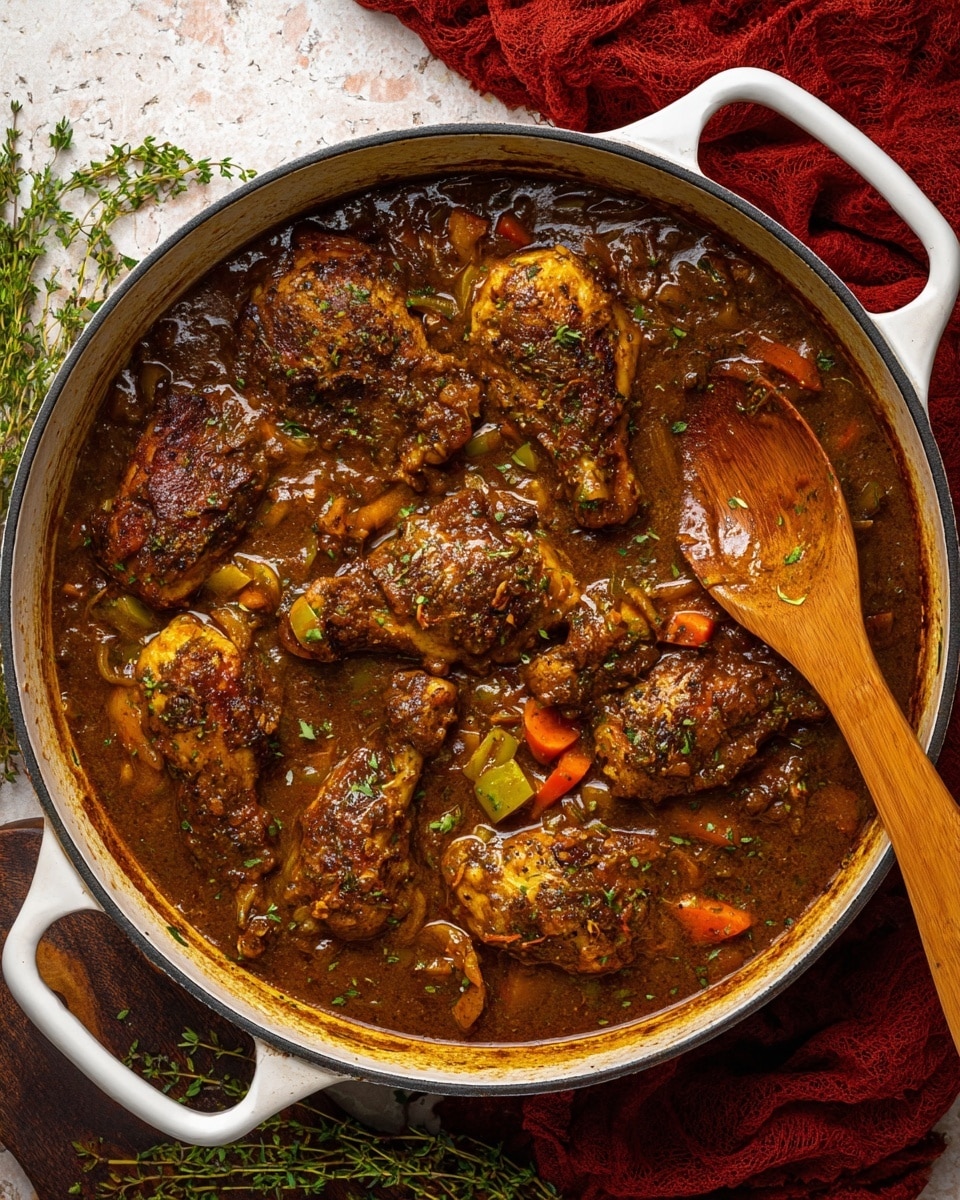 A white pot filled with a rich, dark brown stew showing about nine pieces of cooked chicken layered on top. The stew has a thick sauce with visible herbs and small chunks of yellow and orange vegetables such as bell peppers and carrots, scattered around and mixed with the chicken. A wooden spoon rests inside the pot on the right side, with its round edge partially submerged in the stew. The pot handles are white and the pot sits on a white marbled textured surface with some green herbs and red fabric around it. Photo taken with an iphone --ar 4:5 --v 7