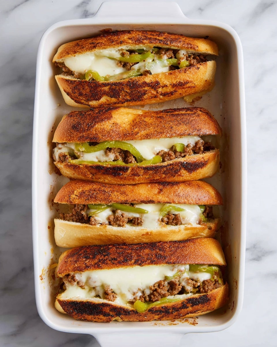 A white rectangular baking dish holds five toasted sandwich rolls placed in a single layer, each sandwich neatly filled with browned ground meat, slices of green bell pepper, and melted white cheese that stretches slightly over the edges. The sandwich rolls have a golden-brown toasted crust with a slightly crisp texture, showing some darker toasted spots. The filling is visible from the top and sides, with the cheese melted smooth and creamy, contrasting with the crumbly texture of the meat and the bright green peppers. The dish is set on a white marbled surface. photo taken with an iphone --ar 4:5 --v 7