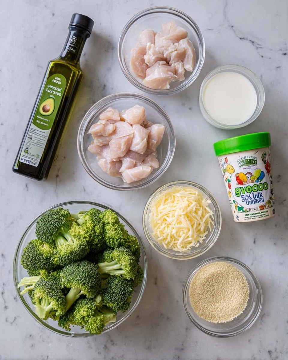 The image shows six items arranged on a white marbled surface. Starting from the left is a dark green bottle of avocado oil lying at an angle. Above it are two clear glass bowls, one filled with small pieces of raw light pink chicken, and the other with white liquid, likely milk or cream. Below these bowls is a larger clear glass bowl filled with bright green broccoli pieces. To the right of the broccoli are three more items: a small clear glass bowl with light yellow shredded cheese, a green-topped container of garlic salt with a colorful label, and a small bowl filled with light golden breadcrumbs. The items are neatly spaced, each with distinct colors and textures. photo taken with an iphone --ar 4:5 --v 7