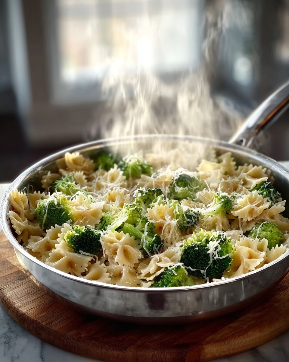 The image shows a shiny metal pan filled with farfalle pasta mixed with bright green broccoli florets. The pasta is light yellow with a smooth texture, and the broccoli pieces look fresh and slightly soft. The dish is topped with grated cheese that adds a fine, powdery white layer over the pasta and broccoli. Steam rises from the hot food, giving a sense of warmth and freshness. The pan is placed on a wooden board on a white marbled surface, with a blurred kitchen background softly lit by natural light. Photo taken with an iphone --ar 4:5 --v 7