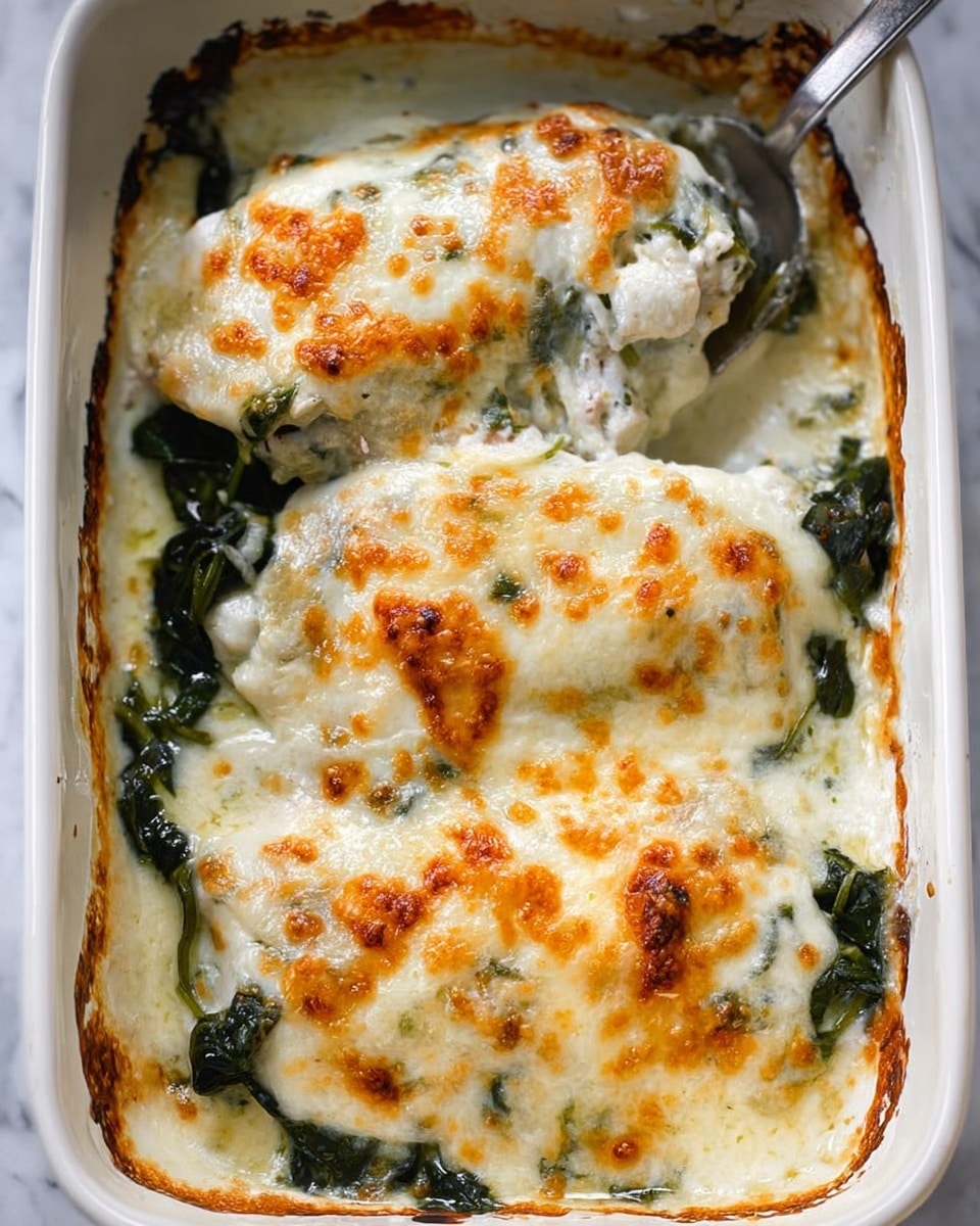 A white baking dish filled with three pieces of food covered in creamy, melted cheese that is golden brown on top. Beneath the cheese, there are visible layers of dark green leafy vegetables spread under and around the pieces. The melted cheese layer is thick and bubbly, covering smooth white sauce and soft textured layers below. A metal spoon is placed in the dish, scooping a piece to reveal soft, juicy inside parts slightly covered with cheese. The edges of the dish show browned sauce and slightly crispy cheese bits. The background is a white marbled texture. photo taken with an iphone --ar 4:5 --v 7