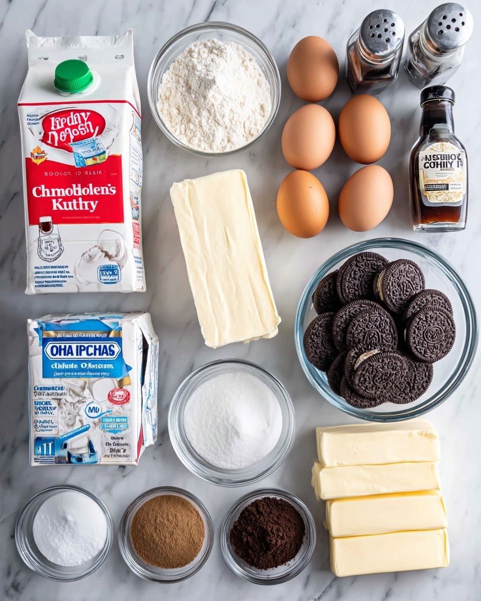 The image shows various baking ingredients arranged neatly on a white marbled surface. There are three blocks of Philadelphia cream cheese stacked vertically, five brown eggs placed above them, and a clear glass bowl with chocolate sandwich cookies to the right. To the left, there are two clear glass bowls with white and light floury ingredients, a carton of heavy whipping cream in red and white, and a bottle of buttermilk with a green cap. Near the bottom of the image, there are three small glass bowls filled with white powdered sugar, brown sugar, and cocoa powder. Two sticks of unsalted butter are placed to the right of the heavy cream, and a box of baking soda and a pack of gelatine envelopes are set near the bottom left corner. A bottle of vanilla extract and a salt shaker complete the group on the upper right side. Photo taken with an iphone --ar 4:5 --v 7