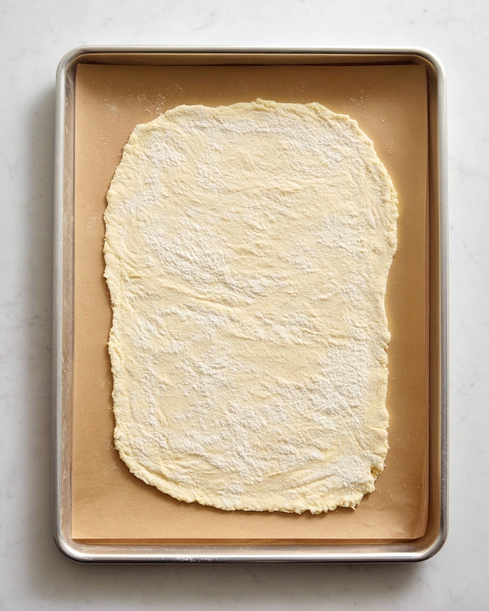 A single flat layer of pale beige dough is spread out evenly on a sheet of brown parchment paper that lines a silver baking tray, placed atop a white marbled surface. The dough has a slight dusting of white flour, giving it a matte, powdery look. The edges of the dough are irregular and slightly wrinkled, with subtle texture variations across the flat surface. The baking tray has a shiny metallic finish and a low rim around its edge. Photo taken with an iphone --ar 4:5 --v 7