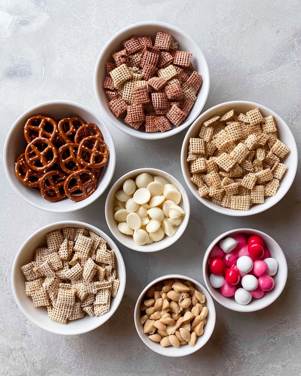 Six white bowls are arranged on a white marbled surface. The top left bowl holds small brown pretzels with a shiny texture. To the right, a bowl is filled with a golden-brown square cereal with a woven texture. Below the pretzels, there is a similar square cereal but lighter beige in color. The central bowl features smooth, off-white chocolate chips. To the bottom right, light brown peanuts fill a small bowl, showing their rough texture. The top right bowl contains round candies in shades of red, pink, and white, with a glossy finish. Photo taken with an iphone --ar 4:5 --v 7