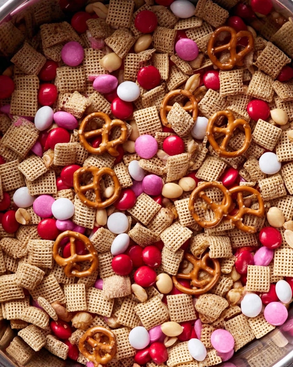 A close-up view of a snack mix inside a large metal bowl filled with three main layers: at the bottom are small square light tan cereal pieces with a woven texture, scattered evenly throughout; mixed in with these are shiny round candies in bright pink, red, and white colors, adding spots of smooth, glossy texture; interspersed on top and among these layers are medium brown pretzels with a glossy, slightly rough surface and some small light tan peanuts tucked in between. The whole mix has a textured and colorful appearance. photo taken with an iphone --ar 4:5 --v 7