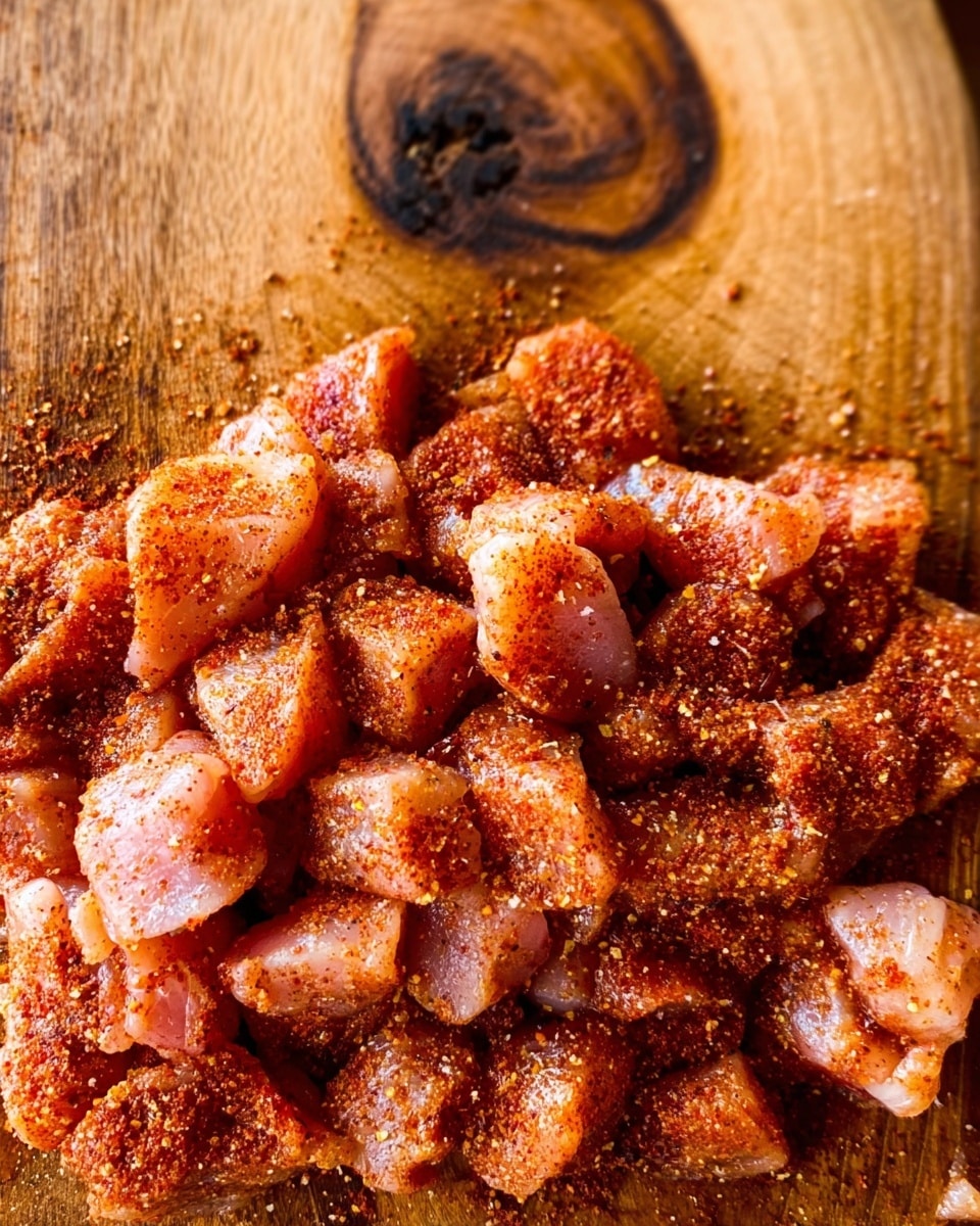 The image shows many pieces of raw chicken coated in a reddish spice mix, spread closely together on a wooden board. The chicken pieces are cut into small, uneven cubes with a slightly shiny texture from the spices. The wood surface beneath features a natural grain and a dark knot on the upper left. The colors are mainly warm tones of red and brown with a hint of pink from the chicken. photo taken with an iphone --ar 4:5 --v 7