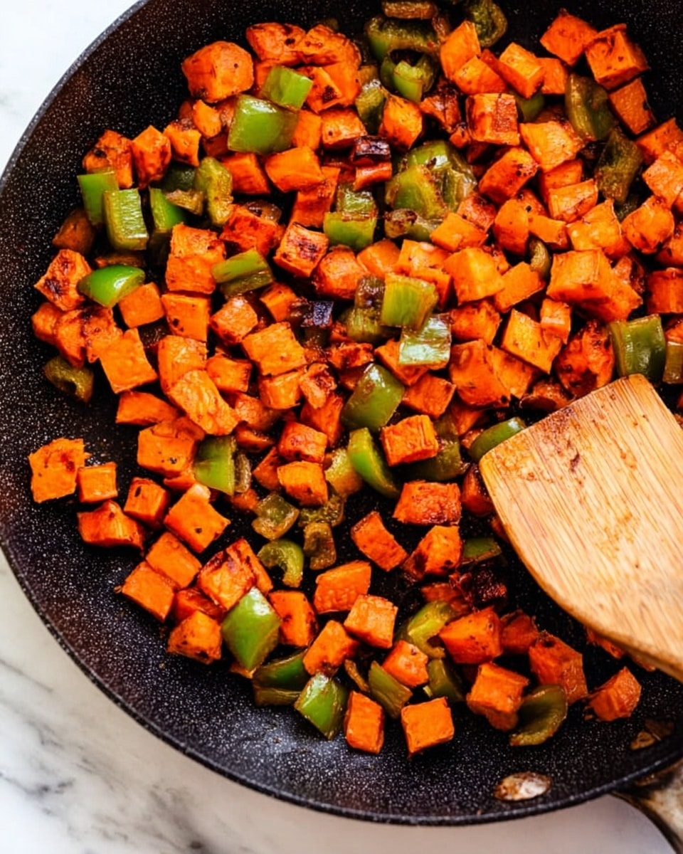 The image shows a dark black pan filled with small, diced pieces of cooked sweet potato and green bell pepper mixed together. The sweet potato cubes are orange with slight char marks, giving them a bit of texture, while the bell pepper pieces are green and look soft with some brown spots from cooking. A wooden spatula with a smooth light brown color is resting in the pan, slightly lifting some of the vegetables. The pan is placed on a white marbled surface. photo taken with an iphone --ar 4:5 --v 7