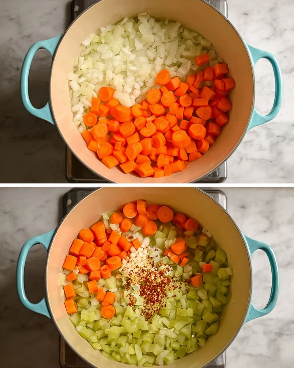 The image shows a light blue cooking pot with two handles, placed on a white marbled surface. In the top part of the image, the pot contains three separate layers of chopped vegetables: white onion pieces on the left side, bright orange carrot cubes on the top right, and light green celery cubes on the bottom right. In the bottom part of the image, the same pot has the three vegetable types mixed together and slightly cooked, with an added small pile of finely chopped garlic pieces and a sprinkle of red chili flakes in the middle. The vegetables look soft and shiny from cooking oil. Photo taken with an iphone --ar 4:5 --v 7