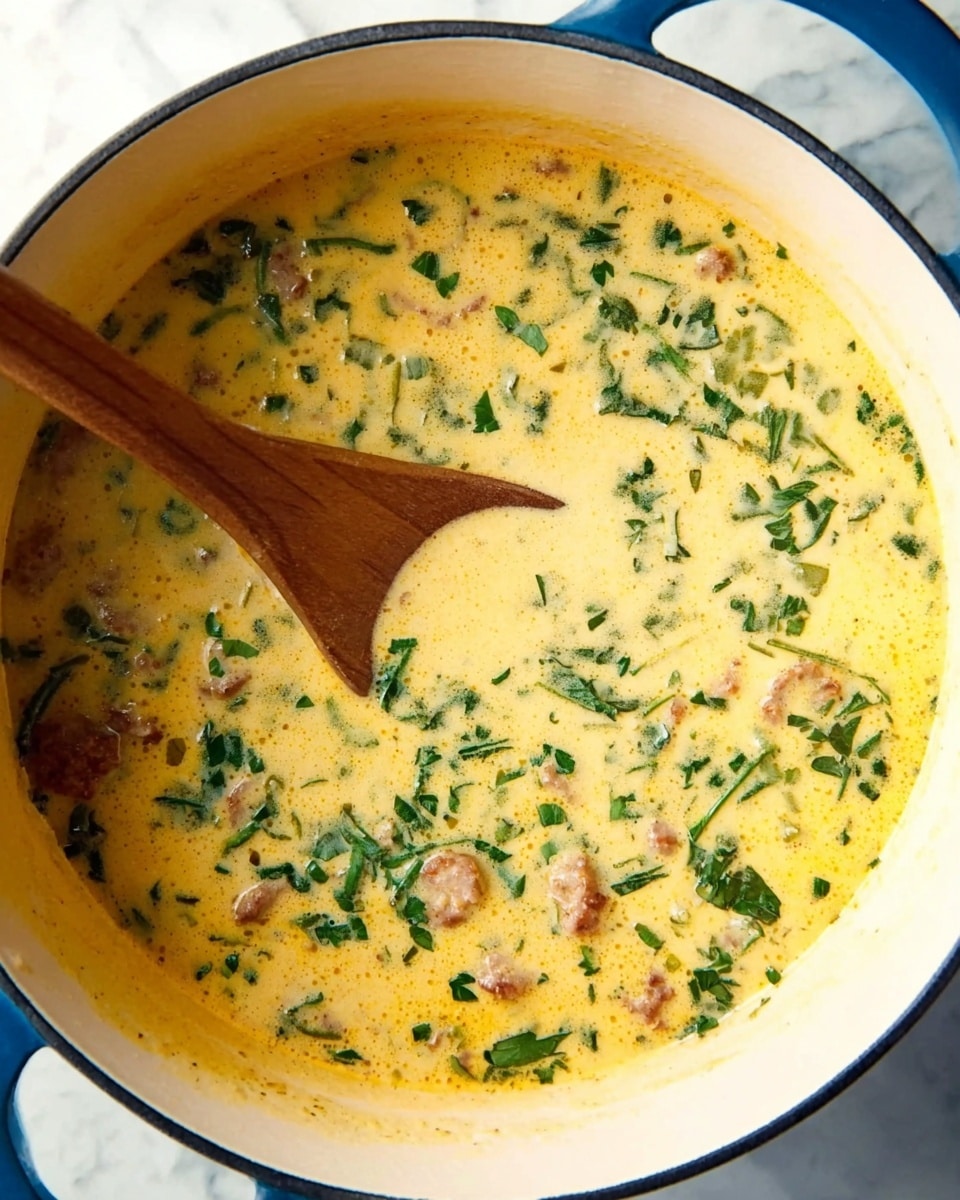 A close-up top view of a creamy yellow soup in a white pot with blue handles, filled with small chopped green herbs, light brown chunks of sausage, and light tan pieces, all mixed in a smooth, thick broth. A wooden spoon is dipping into the soup on the left side. The pot sits on a white marbled surface. photo taken with an iphone --ar 4:5 --v 7