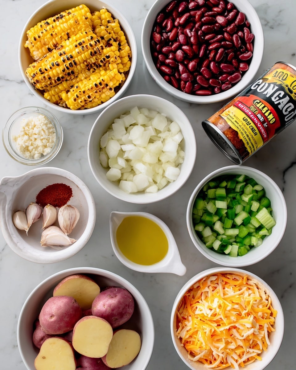 This image shows a top-down view of various cooking ingredients placed on a white marbled surface. There are seven white bowls filled with different foods: the top left bowl contains grilled yellow corn with black grill marks, the top right bowl has dark red kidney beans, the middle bowl is filled with small white diced onions, the bowl to its right holds chopped green celery, and the bottom right bowl contains shredded cheese in shades of orange and white. At the bottom left, there is a white bowl with sliced purple-skinned yellow potatoes. In the center-left of the image, a small white dish holds minced garlic, and next to it is a small white cup with golden-colored oil. A can of fire-roasted diced tomatoes with a red label leans slightly to the right in the center. A jar of chili powder with a yellow label is positioned behind the onion bowl. The arrangement is neat and well-lit, enhancing the vivid colors and textures of the ingredients. photo taken with an iphone --ar 4:5 --v 7