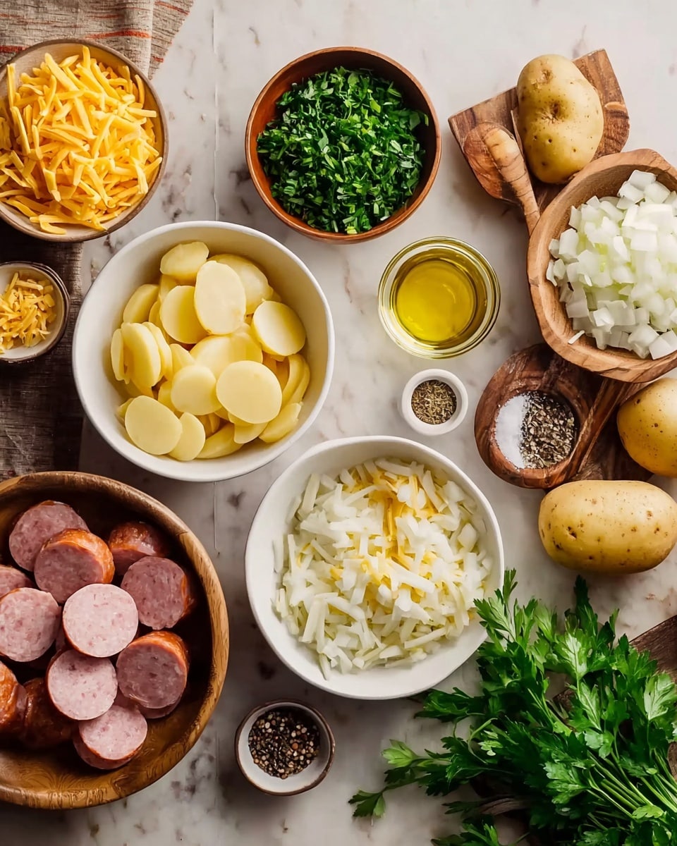The image shows several white bowls and wooden bowls arranged on a white marbled surface, each holding different ingredients. One white bowl has pale yellow potato slices with shredded light orange cheese on top. Another white bowl holds diced white onions, while a wooden bowl contains bright green chopped herbs. There is a wooden bowl filled with sliced pink sausage rounds. A wooden scoop holds several whole light brown potatoes. A small glass bowl contains clear, light yellow oil, and a small round wooden bowl has black pepper inside. A small bunch of fresh green parsley is placed on the right side. The overall setup includes various textures like the smooth surfaces of the bowls and the rustic wooden elements. Photo taken with an iphone --ar 4:5 --v 7