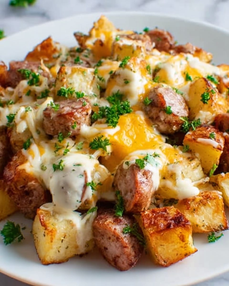 A close-up view of a white plate filled with a mix of roasted potato cubes and sliced sausage pieces. The potatoes are golden brown with a slightly crispy texture, and the sausage slices are browned on the edges. The dish is topped with a layer of melted white cheese and orange cheese, creating a creamy and smooth appearance. Small bits of green parsley are sprinkled on top, adding a fresh touch of color. The background shows a white marbled surface. photo taken with an iphone --ar 4:5 --v 7