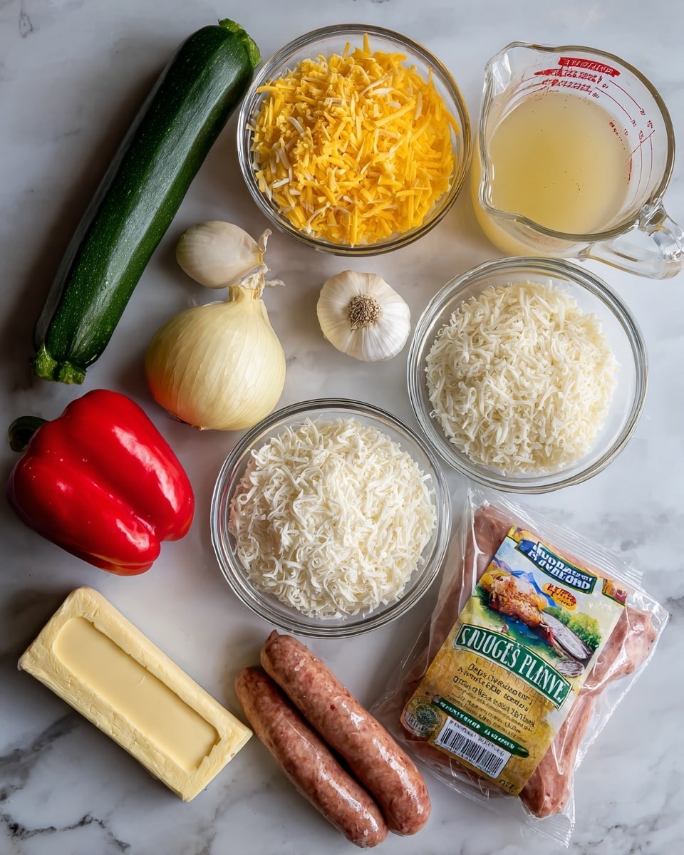 The image shows various fresh ingredients placed on a white marbled surface. There is a long green zucchini on the left next to a red pepper and a bulb of garlic. Above those are three clear glass bowls, one with yellow cheddar cheese, one with white shredded mozzarella cheese, and one with white rice. To the right of these is a yellow onion. At the bottom left, there is a stick of light yellow butter, and on the bottom right, there is a package of smoked sausage with a colorful label. Behind the zucchini and above the bowls, there is a clear measuring cup filled with light yellow chicken broth. Each item is neatly arranged and labeled clearly. Photo taken with an iphone --ar 4:5 --v 7