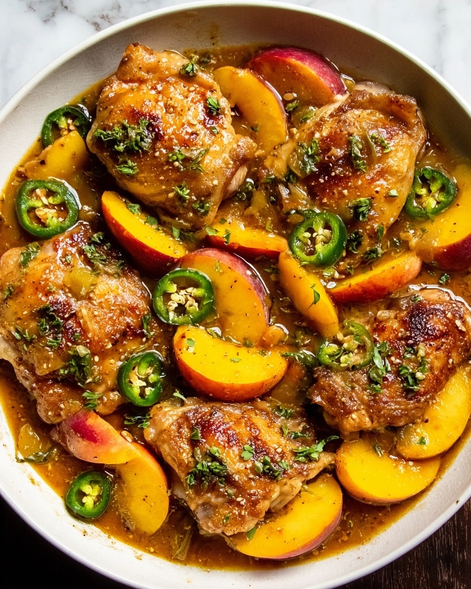 A white bowl filled with six pieces of cooked chicken thighs, golden brown with a light crispy texture. They are topped with small green jalapeno slices and fresh herbs scattered over them. Around and underneath the chicken, there are bright yellow-orange peach slices with a soft texture, some with a hint of red on their edges. The dish is covered in a shiny, rich brown sauce that looks thick and smooth. The background is a white marbled surface. photo taken with an iphone --ar 4:5 --v 7
