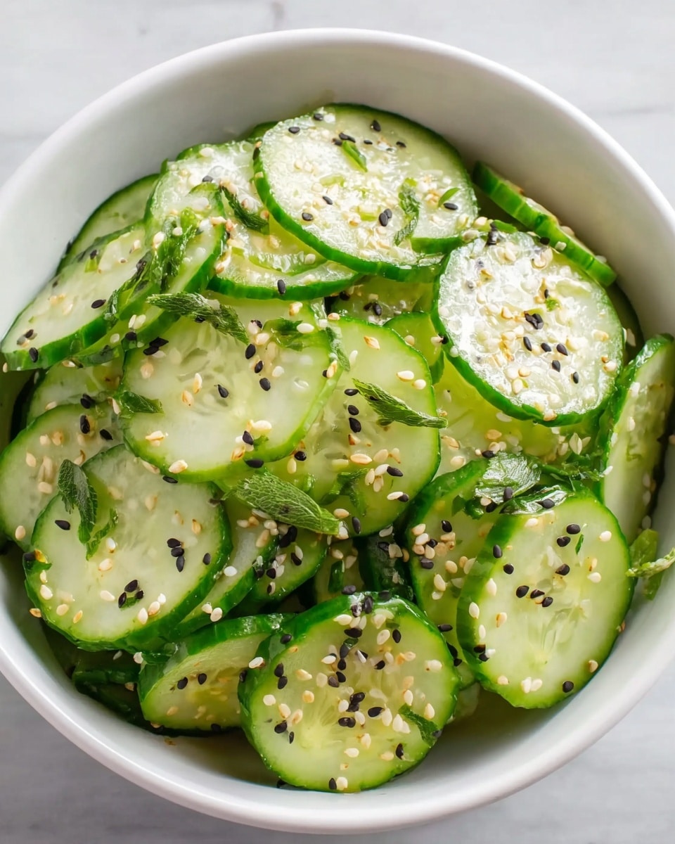 A white bowl filled with thin, round slices of cucumber that have a fresh green edge and a pale green center; the cucumber slices are layered loosely, overlapping each other. On top, small bits of green herbs and black and white sesame seeds are scattered evenly across the cucumbers, adding texture and contrast. The white bowl rests on a white marbled surface, showing a clean and simple background. photo taken with an iphone --ar 4:5 --v 7