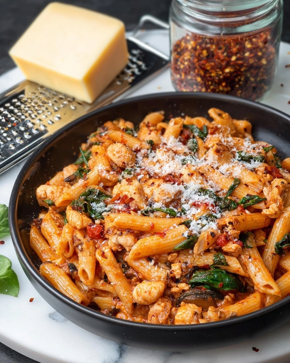 A deep black bowl filled with penne pasta mixed with a rich red tomato sauce, scattered with pieces of light brown cooked chicken and bright green spinach leaves. The pasta is well coated in the sauce and sprinkled lightly with white grated cheese. Some small bits of mushrooms, tan and brown, are mixed in, adding texture. In the background, there is a block of pale yellow cheese resting on a silver grater and a glass jar filled with crushed red pepper flakes. The scene is set on a white marbled surface. Photo taken with an iphone --ar 4:5 --v 7