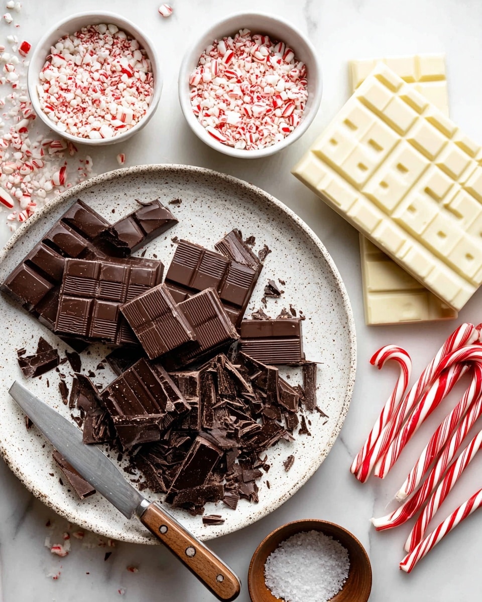 The image shows a white speckled plate on a white marbled surface with broken dark chocolate squares arranged in a pile on the plate’s bottom-left, some smaller shards spread around. A knife with a wooden handle lies diagonally on the plate, partially on the dark chocolate pieces. On the top-right of the plate, two white chocolate bars with a grid pattern are stacked. Around the plate on the marble surface are two white bowls, one filled with crushed red and white peppermint candies, and the other with broken dark chocolate pieces. There is also a small brown bowl containing coarse white salt. Candy canes with red and white stripes are placed on the right side of the plate. photo taken with an iphone --ar 4:5 --v 7