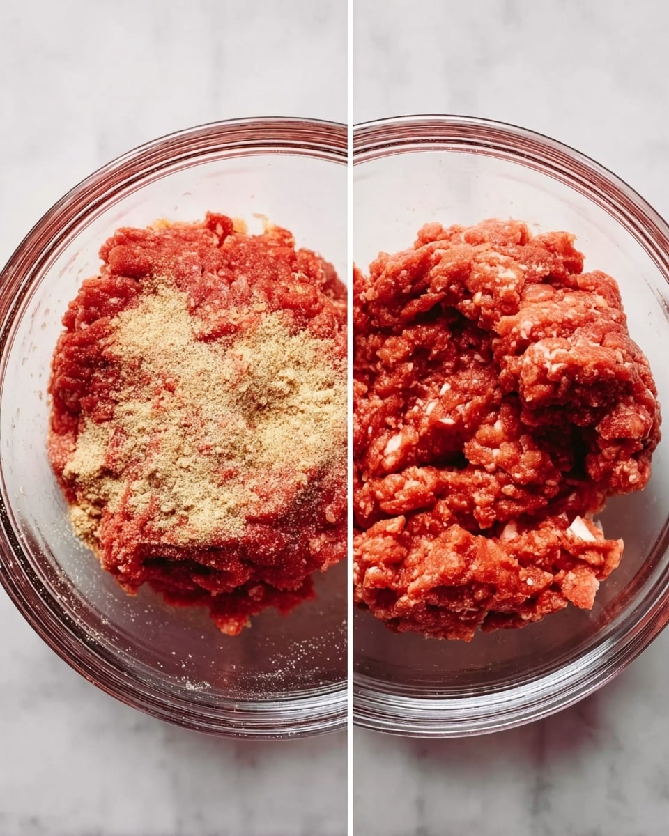 Two images side by side show a clear glass bowl on a white marbled surface. In the left image, inside the bowl is raw ground meat with a heap of beige seasoning powder sprinkled mostly on the left side of the meat. The meat is bright red with a slightly soft texture, and the powder looks fine and grainy. In the right image, the same bowl holds the ground meat mixed well, creating an even, dense red texture with small white fat bits visible throughout. The meat looks compact and smooth from blending. Photo taken with an iphone --ar 4:5 --v 7