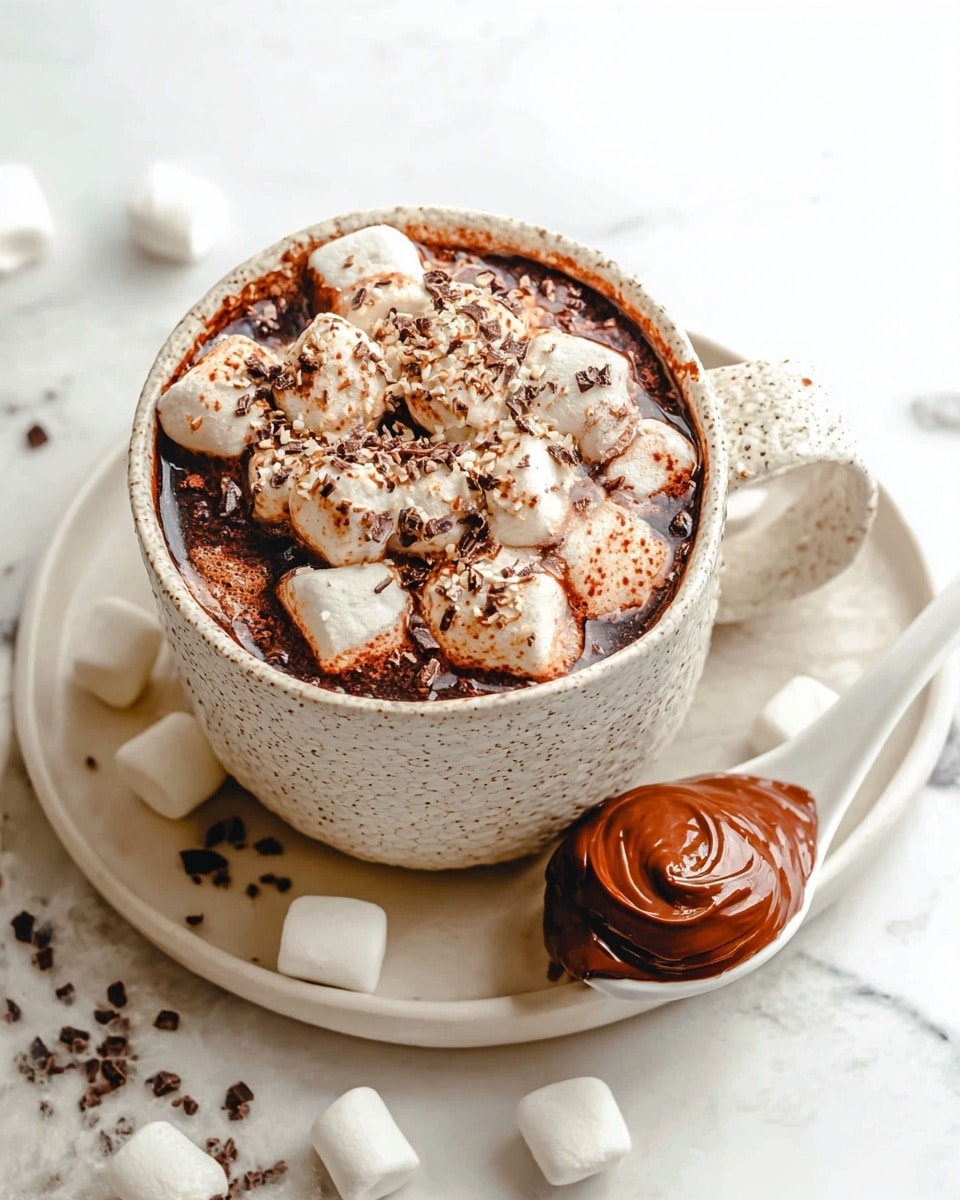 A white textured mug filled with dark, rich hot chocolate topped with many white marshmallows that have a light brown toasted color with small bits of dark chocolate sprinkled all over. The mug is placed on a white plate, on a white marbled surface, and next to the mug is a white spoon holding a swirl of smooth brown chocolate spread. Small marshmallows and chocolate flakes are scattered around the plate and surface, adding a cozy and inviting touch. Photo taken with an iphone --ar 4:5 --v 7