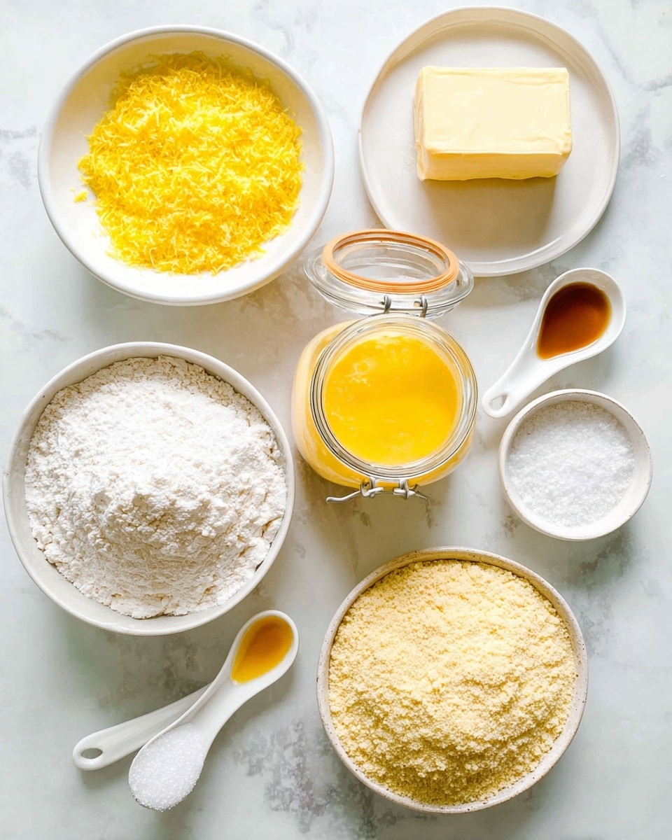 The image shows several baking ingredients on a white marbled surface, arranged neatly. A white bowl filled with bright yellow lemon zest is on the top left. Below it is a white bowl with white flour, showing a small well in the center. A glass jar with a metal clasp holds smooth, bright yellow lemon curd in the middle. To the right, a white plate holds a block of pale yellow butter. On the far right is a white bowl with golden almond meal. Above, two white ceramic spoons contain light brown vanilla extract and white salt, and a white bowl is filled with coarse white sugar. photo taken with an iphone --ar 4:5 --v 7