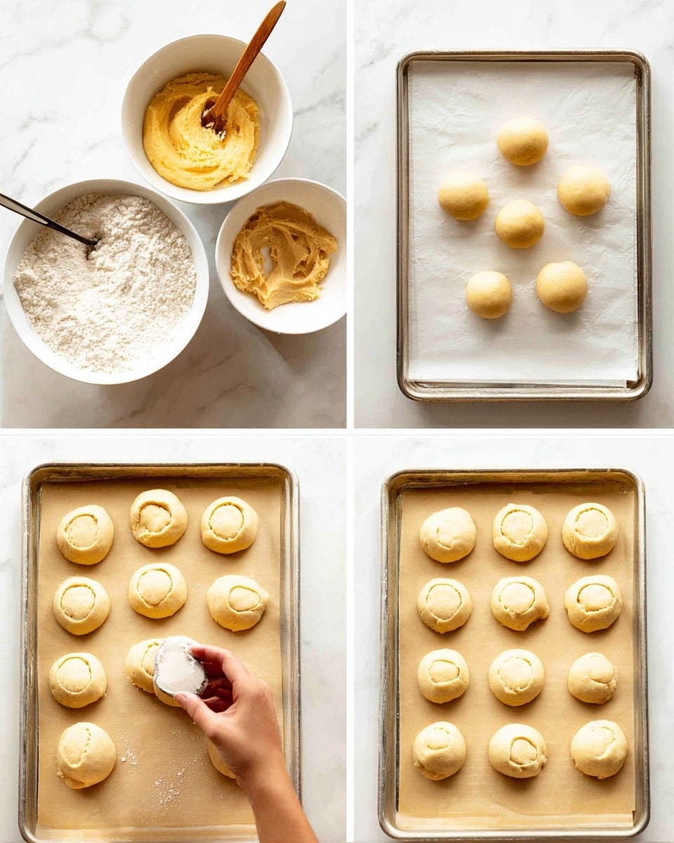 The image is divided into four parts showing cookie dough preparation. The top left shows two white bowls on a white marbled surface, one with white flour and a wooden spoon, the other with pale yellow soft dough. The top right shows seven smooth, round dough balls placed evenly on a rimmed baking tray with parchment paper, next to a white bowl holding light brown cookie dough and a wooden spoon. The bottom left shows a woman's hand using a white spoon to press the center of a dough ball on a baking tray with six dough balls arranged in two rows. The bottom right shows sixteen dough rounds with indented centers on a baking tray with parchment paper. The dough is pale beige with a slightly crumbly texture. Photo taken with an iphone --ar 4:5 --v 7
