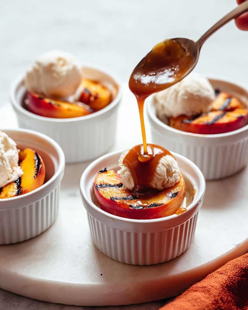 The image shows four white ramekins each holding a dessert with three main layers: a grilled peach half at the bottom, marked with dark grill lines and a mix of red and orange colors; a scoop of white vanilla ice cream placed on top of the peach; and a rich brown caramel sauce being poured over the ice cream from a spoon held by a woman's hand. The ramekins sit on a white marbled surface with an orange cloth napkin visible in the lower right corner. The light is soft and natural, giving the dessert a fresh and inviting look. photo taken with an iphone --ar 4:5 --v 7