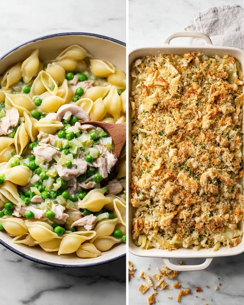 The image shows two views of a pasta dish. On the left side, a bowl with light yellow shell pasta mixed with green peas, small chunks of light pink chicken, and chopped light green celery and white onions. The ingredients sit on a creamy sauce visible between the pasta and vegetables, with a wooden spoon lifting some pasta from the bowl. On the right side, a white rectangular baking dish filled with the mixed pasta and vegetable ingredients, topped with a golden brown crumb layer, showing a mix of crispy breadcrumbs and small nut pieces, scattered lightly around the dish on a white marbled surface. Photo taken with an iphone --ar 4:5 --v 7