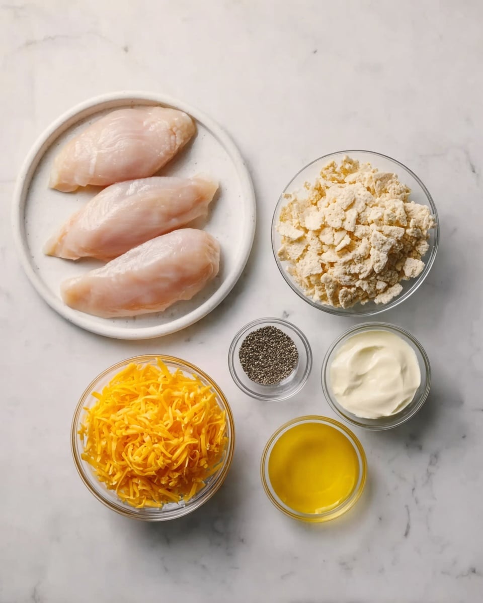 The image shows several ingredients arranged neatly on a white marbled surface. On the left, there is a white plate holding four pieces of raw chicken with a pale pink color and smooth texture. Moving to the right, there is a small clear bowl filled with crushed crackers in a light beige color. Next to it, a slightly larger clear bowl contains shredded bright orange cheese. Beside the cheese, there is a small jar with black pepper, a small white bowl of creamy mayonnaise, and a small clear bowl with melted butter that has a shiny yellow color. The arrangement is clean and well spaced. Photo taken with an iphone --ar 4:5 --v 7