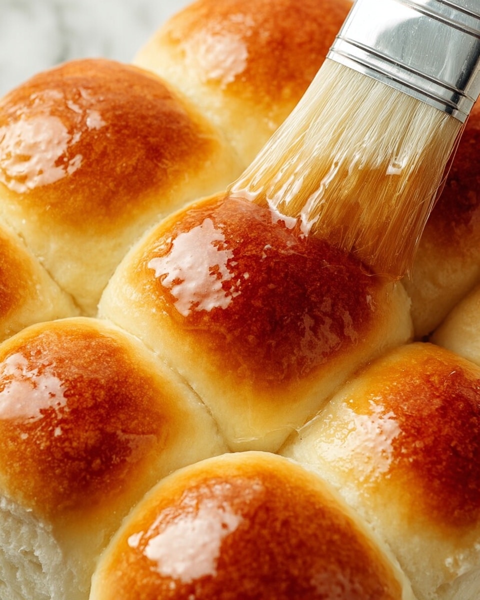 The image shows a close-up of nine soft golden brown dinner rolls arranged in a 3x3 grid, each roll having a shiny, glazed top with a slightly darker golden center and lighter edges. The rolls are closely packed, with light, fluffy white sides visible between them. A brush with light bristles is applying a glossy glaze to the top right roll, adding a wet, reflective layer that catches the light. The background is a white marbled texture. photo taken with an iphone --ar 4:5 --v 7