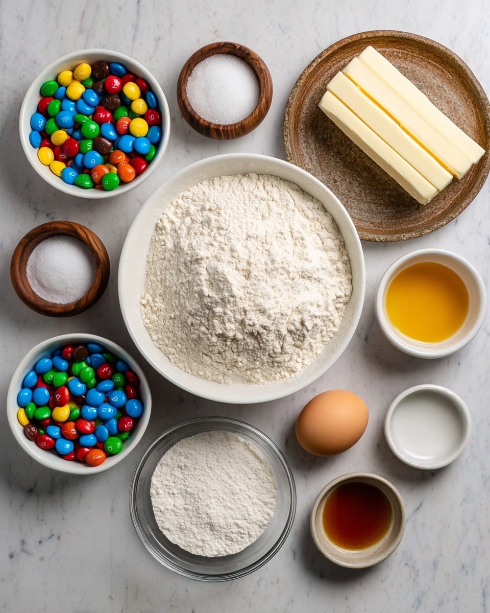 The image shows ingredients for baking arranged neatly on a white marbled surface. At the center is a large white bowl filled with white flour, and below it is a smaller clear glass bowl with granulated white sugar. To the left, there's a white bowl filled with colorful round candy-coated chocolates in red, blue, green, yellow, orange, and brown. Above the flour bowl are four small wooden bowls each containing a different white powder ingredient—baking soda, salt, cornstarch, and baking powder. On the top right, two sticks of pale yellow unsalted butter sit on a rustic wooden plate. Below the butter are two small white bowls, one with a dark amber liquid and the other with a raw brown egg yolk. To the bottom right, a small white bowl holds a whole brown egg. The whole layout is neat and evenly spaced. Photo taken with an iphone --ar 4:5 --v 7