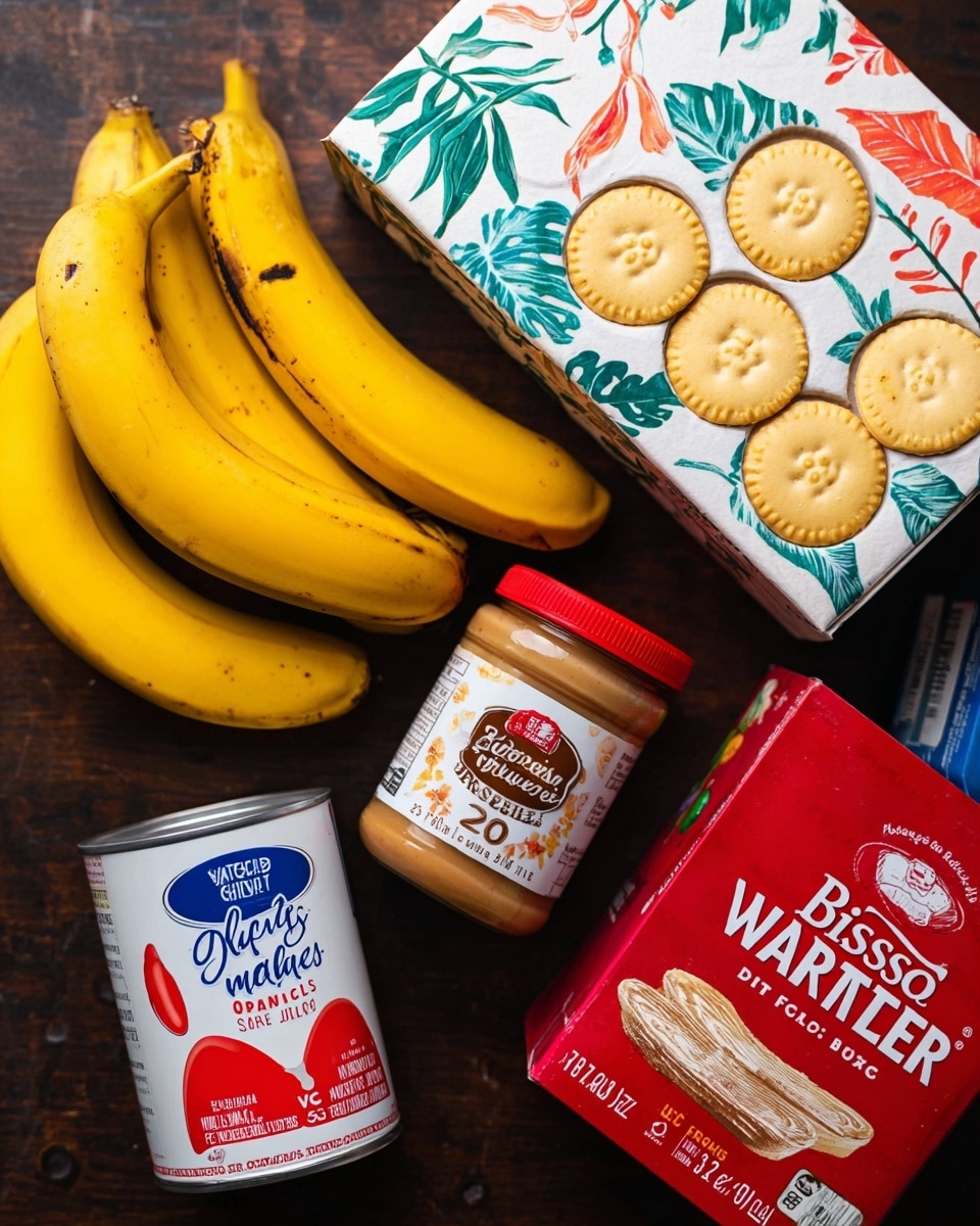 The image shows ingredients for a dessert arranged on a dark wooden surface replaced with a white marbled texture. There is a bunch of yellow bananas with some brown spots on the left side. Next to the bananas is a white box with colorful leaf designs containing organic vanilla wafers, showing round golden wafers. Below the bananas is a small white can of sweetened condensed milk with red and blue writing. To the right of the can is a jar of red-lidded Biscoff cookie butter, featuring a creamy light brown spread on the label. Parts of a red Biscoff cookie package and a blue box of sugar-free vanilla pudding mix can be seen at the edges of the image. Photo taken with an iphone --ar 4:5 --v 7